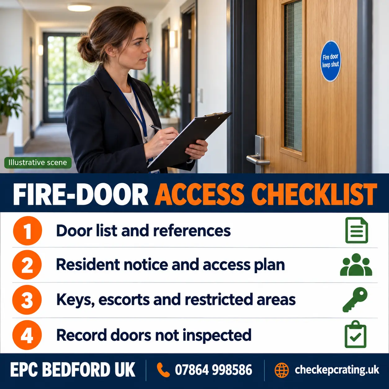 Fire-door inspection access checklist: door list, resident notice, keys and escorts, and a record of doors not inspected. EPC Bedford UK, 07864 998586, checkepcrating.uk