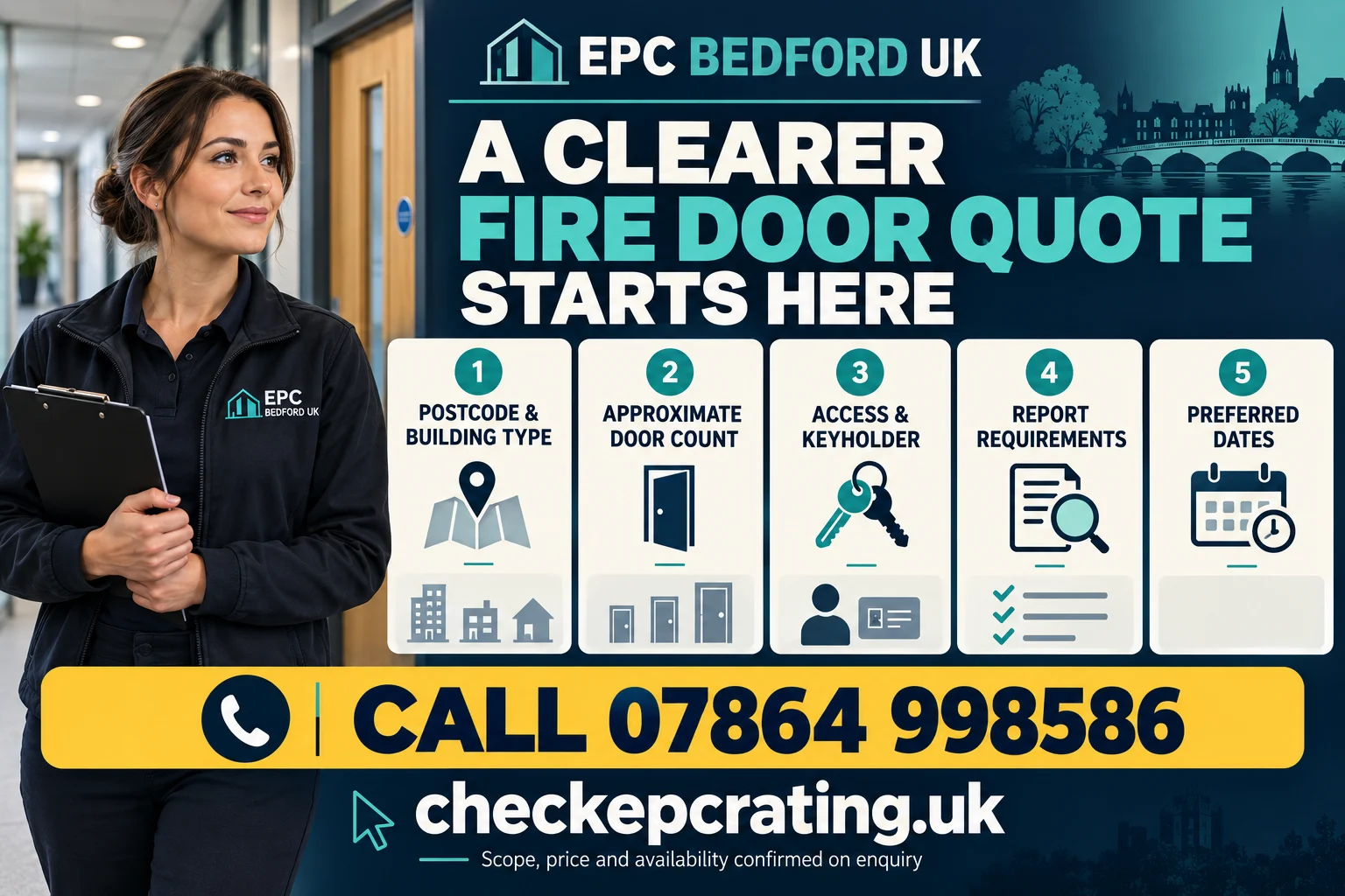 Fire door quote checklist: postcode, door count, access, report requirements and preferred dates. Call 07864 998586. checkepcrating.uk