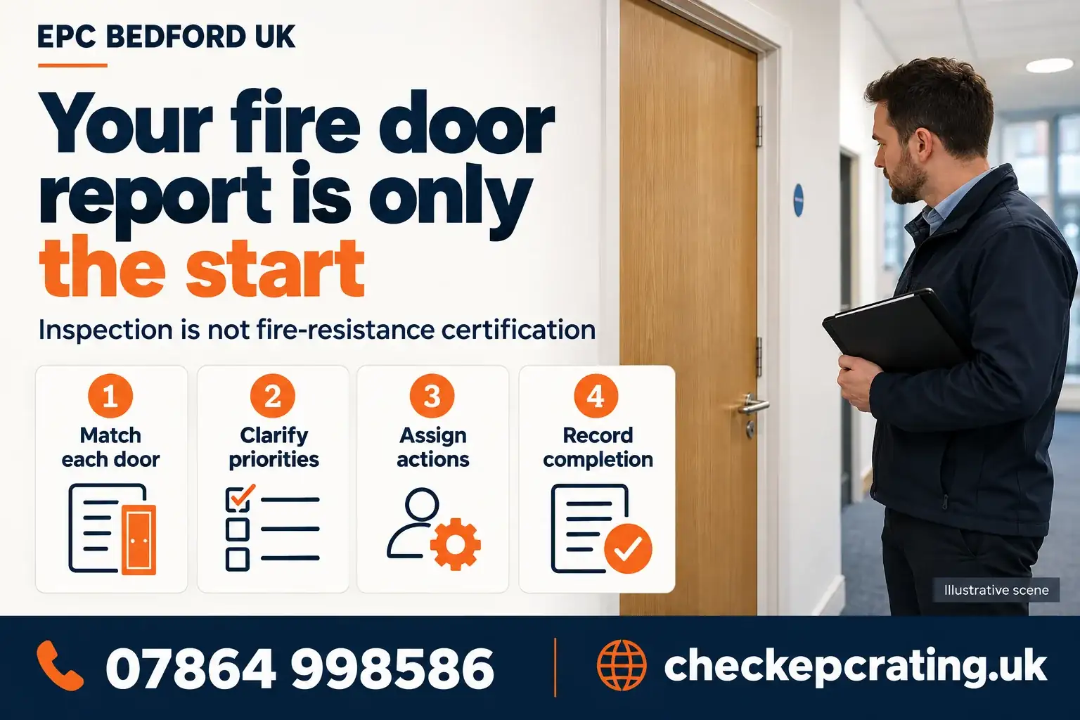 Fire door report action checklist: match each door, clarify priorities, assign actions and record completion. EPC Bedford UK, 07864 998586, checkepcrating.uk
