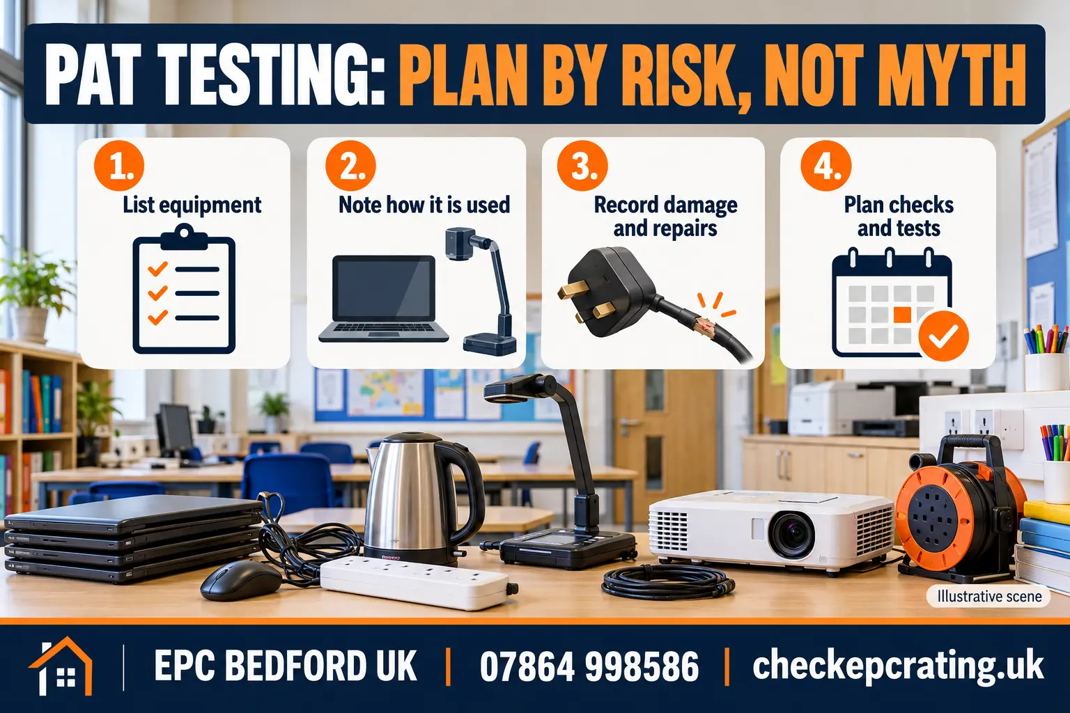 PAT testing planning checklist for schools: list equipment, note how it is used, record damage and repairs, and plan checks and tests. EPC Bedford UK, 07864 998586, checkepcrating.uk