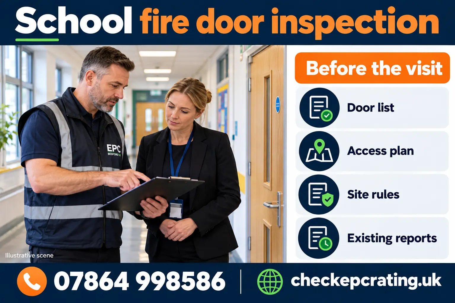 School fire door inspection preparation checklist: door list, access plan, site rules and existing reports. Call 07864 998586 or visit checkepcrating.uk